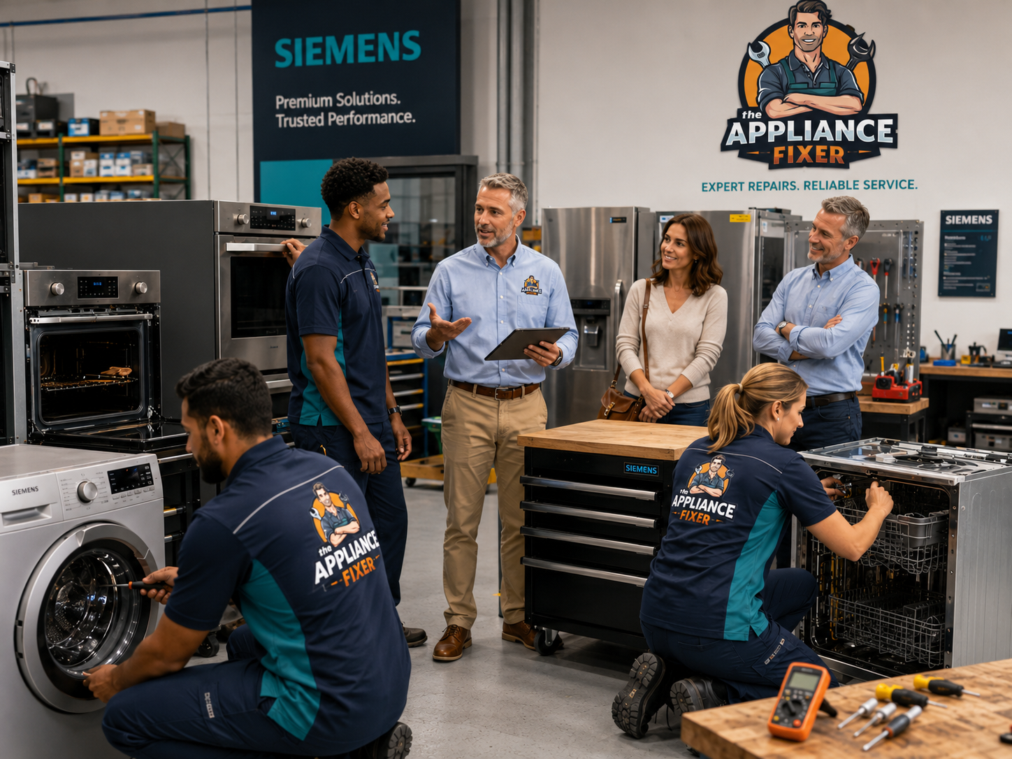 The Appliance Fixer technicians discussing Siemens appliance support