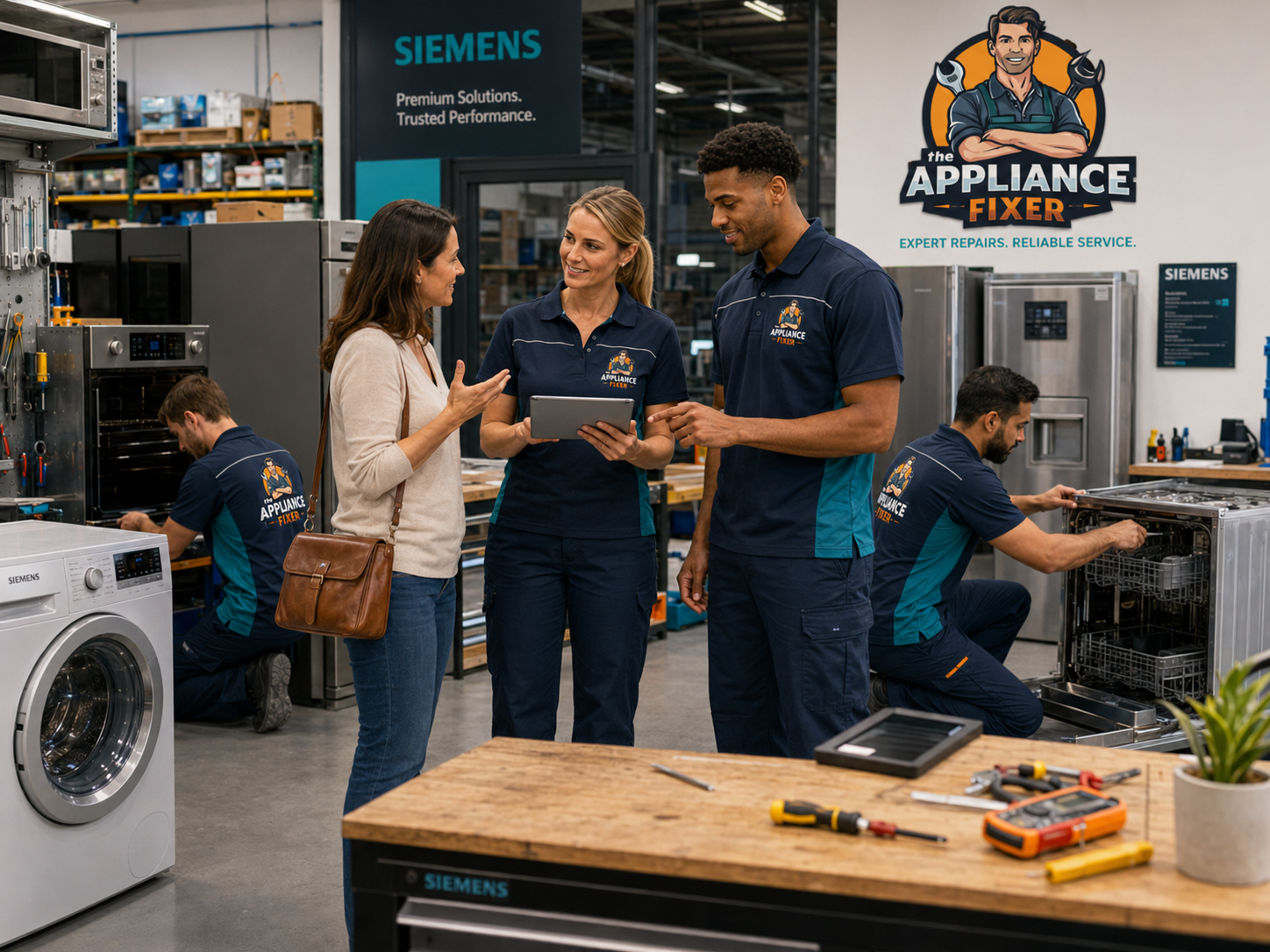 The Appliance Fixer technicians discussing a Siemens appliance repair with a customer